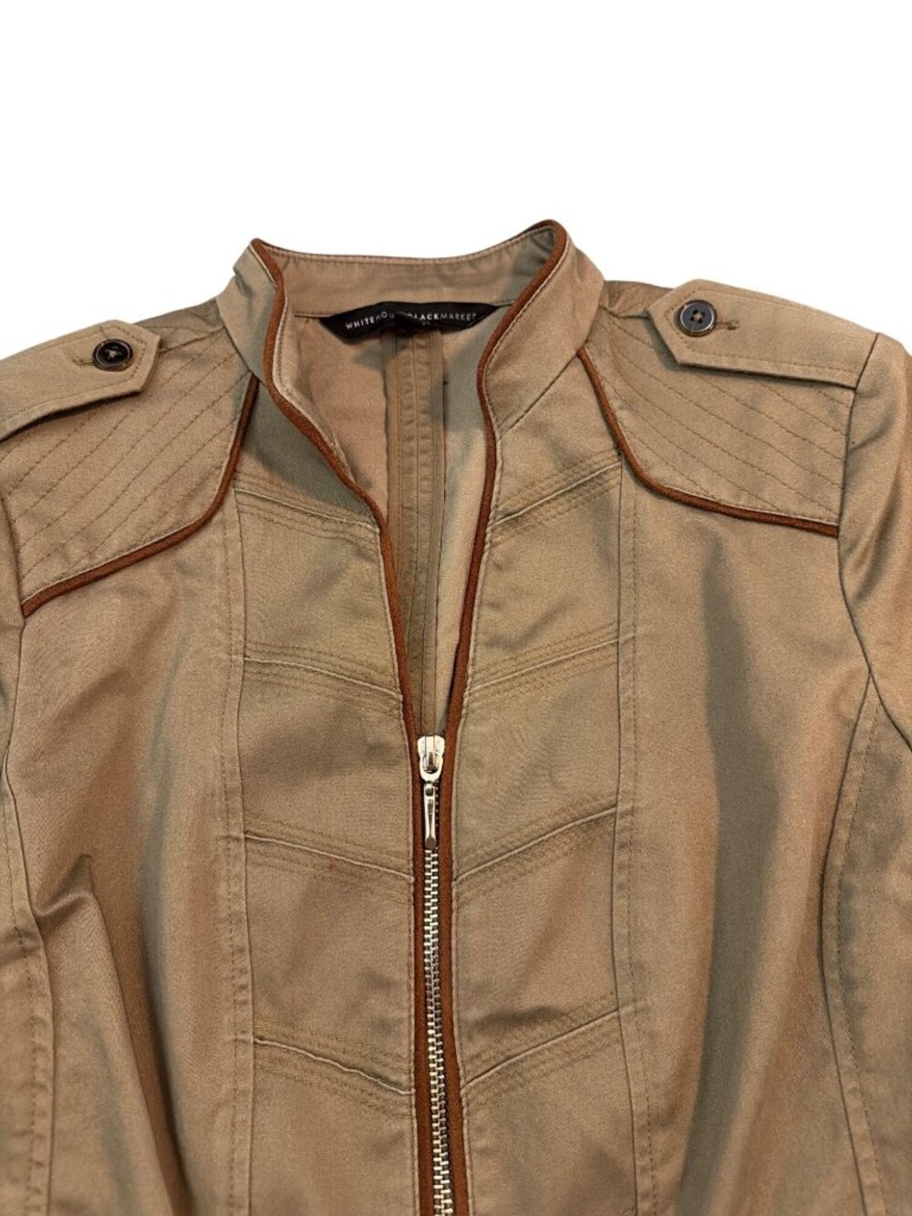 White House Black Market Tan Military Style Jacket Brown Piping Button Cuff Sz 2 - Picture 4 of 6